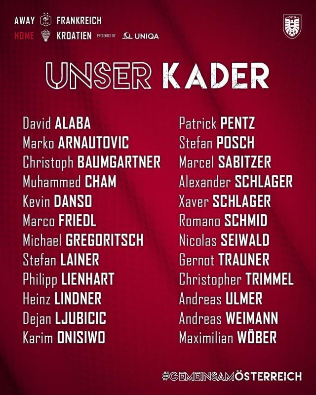 七星彩资讯-奥地利24人大名单：阿拉巴领衔，扎比策、阿瑙在列